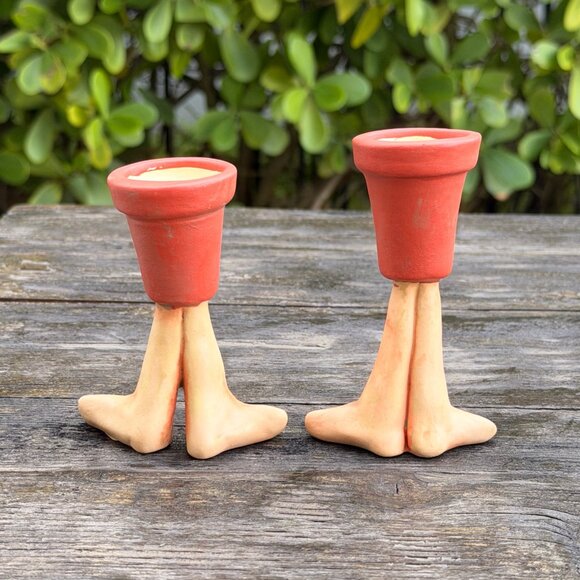 Vintage Set Art Pottery Funny Face Waddle Feet Candle Holders Air Planter Whimsy - Picture 7 of 11